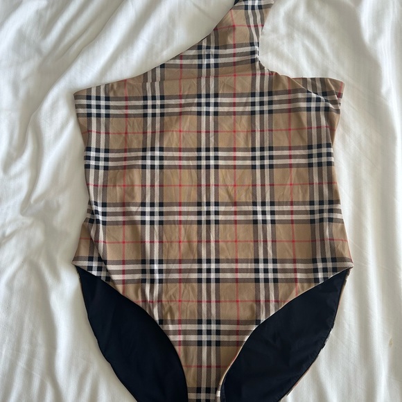 Burberry  Beige Plaid One-Shoulder Bodysuit - Picture 3 of 11